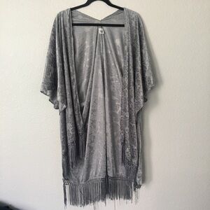 Emanuel Geraldo Gray Floral Velour Kimono Fringe‎ Open Cardigan Draped Tassels